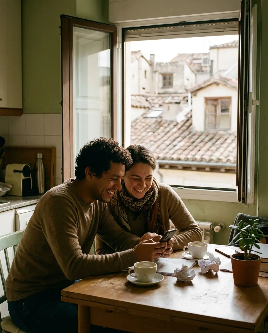 Pareja colombiana revisando su celular en la cocina de su apartamento en el exterior