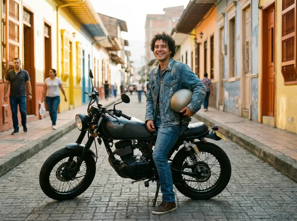 Joven con su moto nueva en una calle colorida